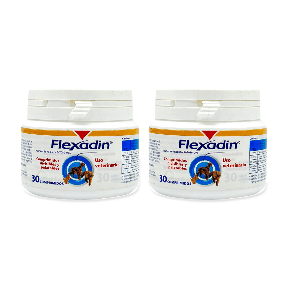 Flexadin Vetoquinol — 2 frascos completos de 30 comprimidos sobre fondo blanco