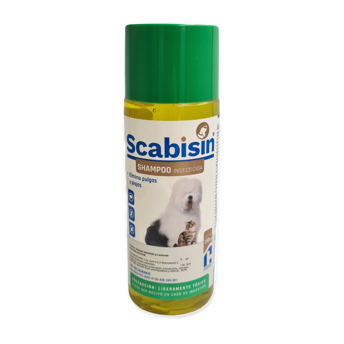 Chinoin Scabisin Shampoo Mascotas 250 ml — frasco completo sobre fondo blanco