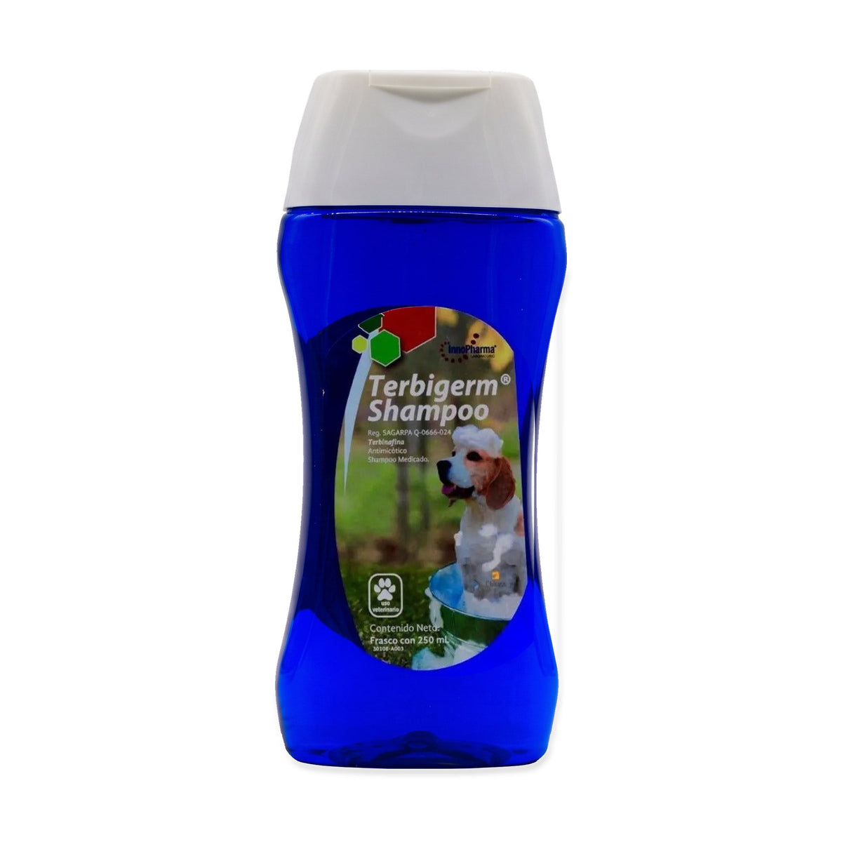 Terbigerm Shampoo InnoPharma 250 ml — frasco completo con iluminación de estudio, etiqueta fotográfica original y fondo blanco