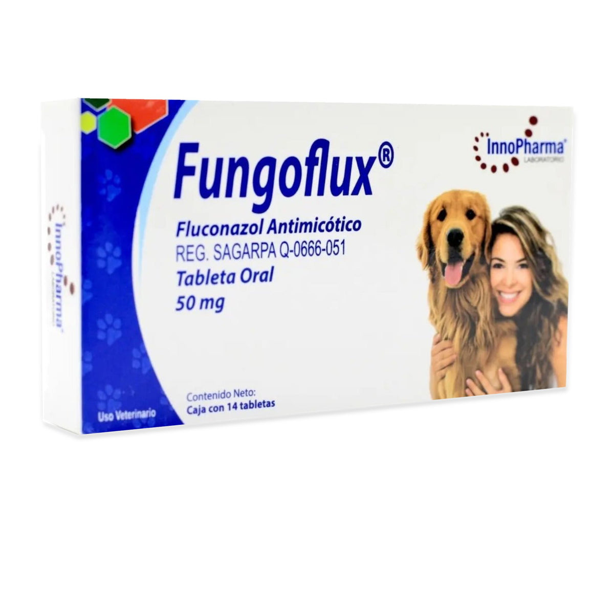 Inno Pharma Fungoflux Fluconazol 50 mg 14 Tabletas Perro y Gato — presentación completa sobre fondo blanco