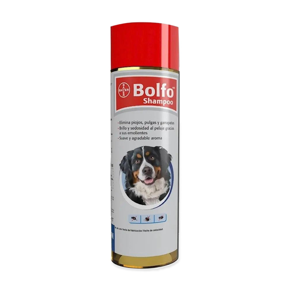 Bolfo Shampoo Antipulgas 350 ml Perro y Gato — frasco completo, etiqueta original y fondo blanco