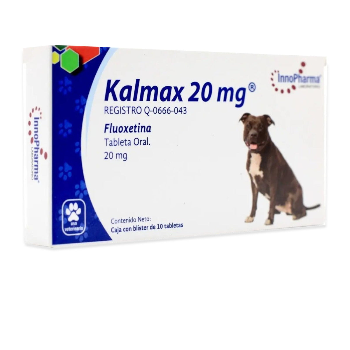 Inno Pharma Kalmax Fluoxetina 20 mg 10 Tabletas Perro — presentación completa sobre fondo blanco
