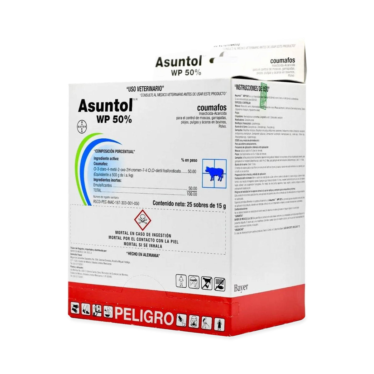 Asuntol WP 50% Control de Garrapatas Bovinos 25 Sobres — producto completo sobre fondo blanco, impresión original