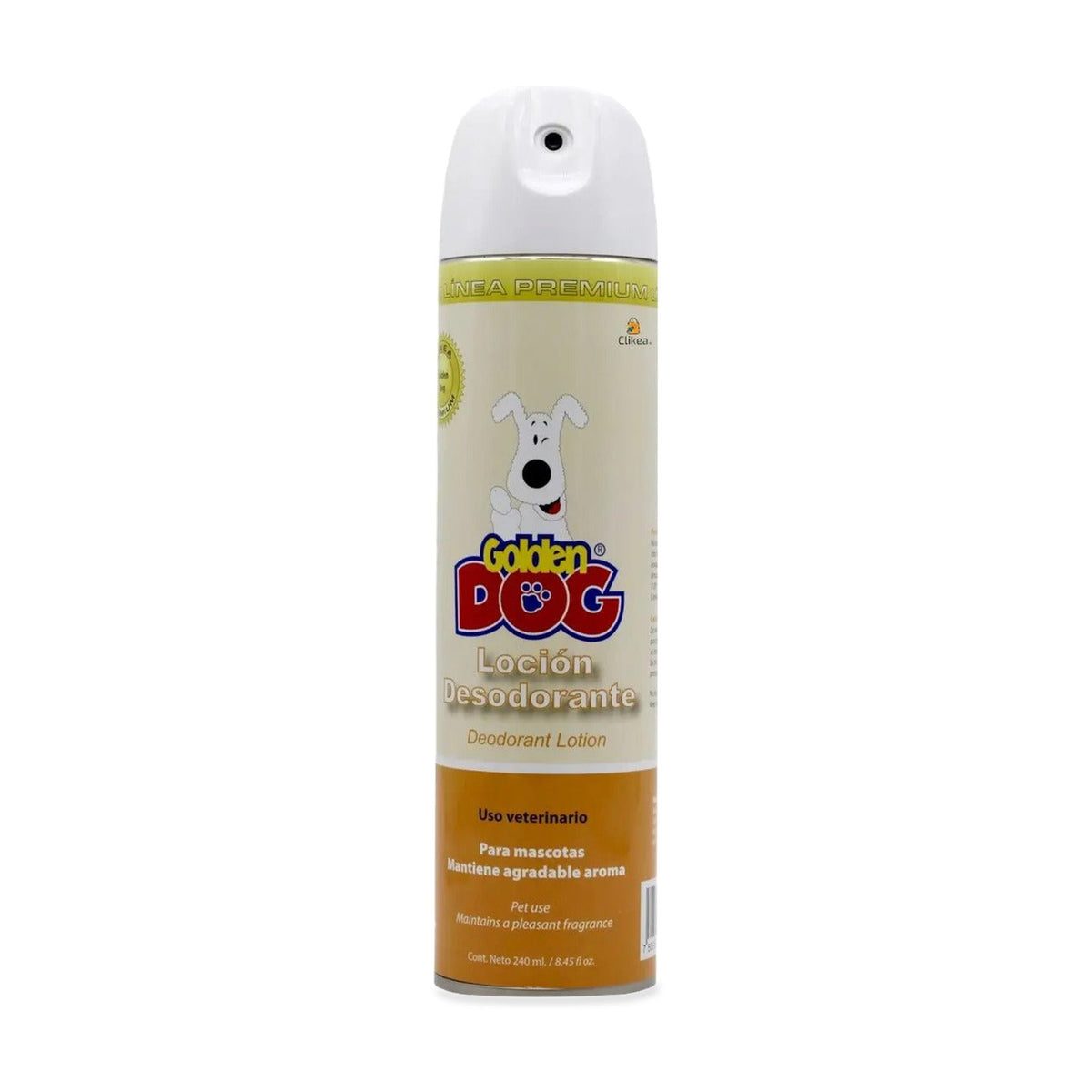 Golden Dog loción desodorante240ml — aerosol completo, impresión fotográfica original, fondo blanco