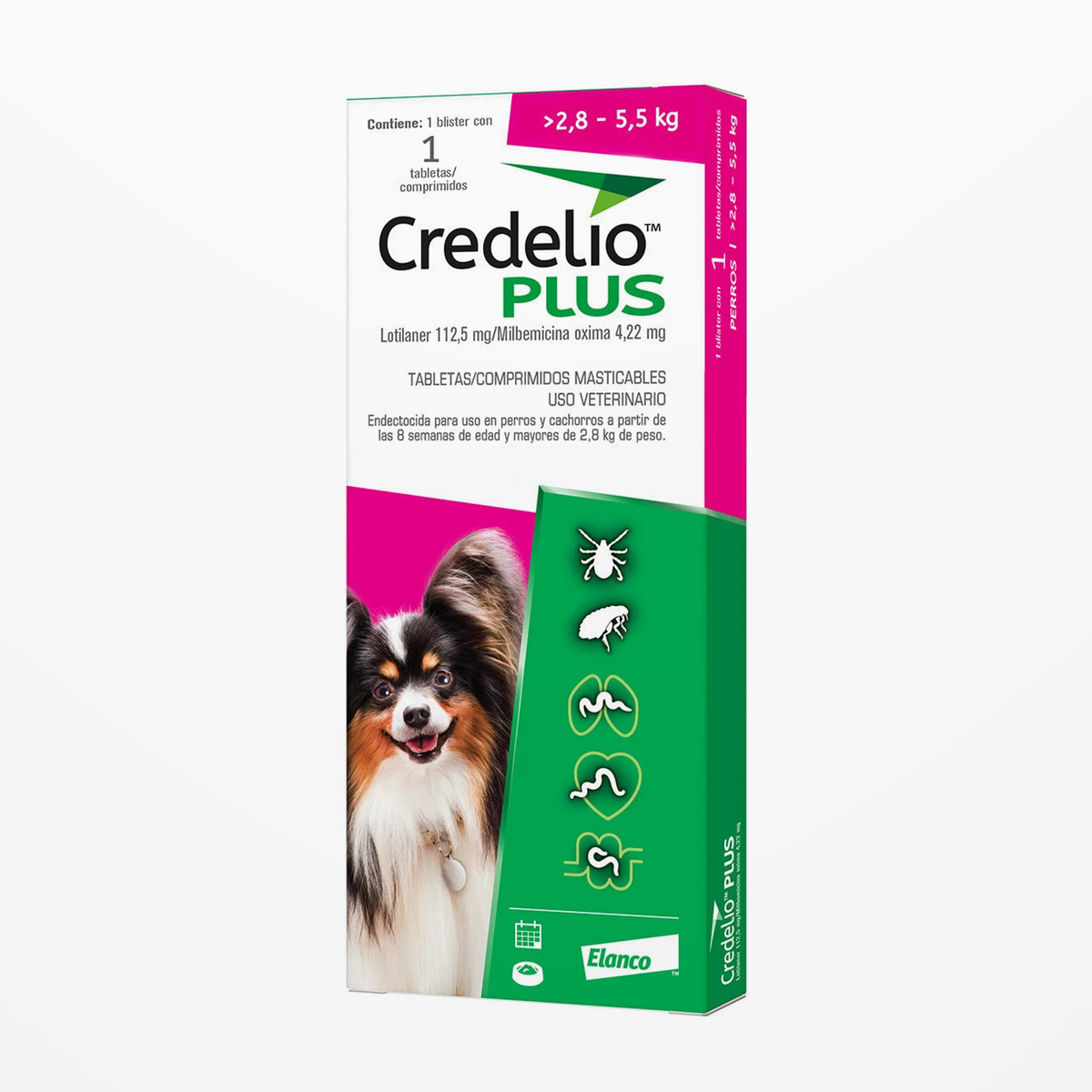 Credelio Plus 2.8-5.5 KG — caja completa de una tableta en contexto continuo de estudio, etiqueta original