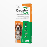 Credelio Plus 5.5-11 KG — caja completa de una tableta en contexto continuo de estudio, etiqueta original