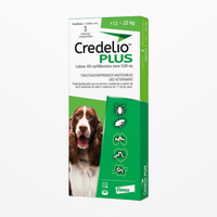 Credelio Plus 11-22 KG — caja completa de una tableta en contexto continuo de estudio, etiqueta original