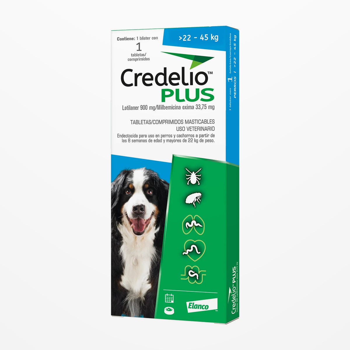 Credelio Plus 22-45 KG — caja completa de una tableta en contexto continuo de estudio, etiqueta original