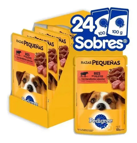 Pedigree - Sobres Para Perro, Raza Pequeña, Sabor Res En Filetes, Con Ingredientes Naturales, Proteínas Y Fibra, 24 Sobres, 100g C/u