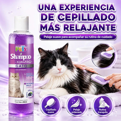 Shampoo Para Gato Essentials Fancy Pets 250 Ml, Limpieza Profunda Para Todo Tipo De Pelo, Suaviza, Hidrata, Ayuda Al Cepillado Y Deja Aroma A Mora Azul