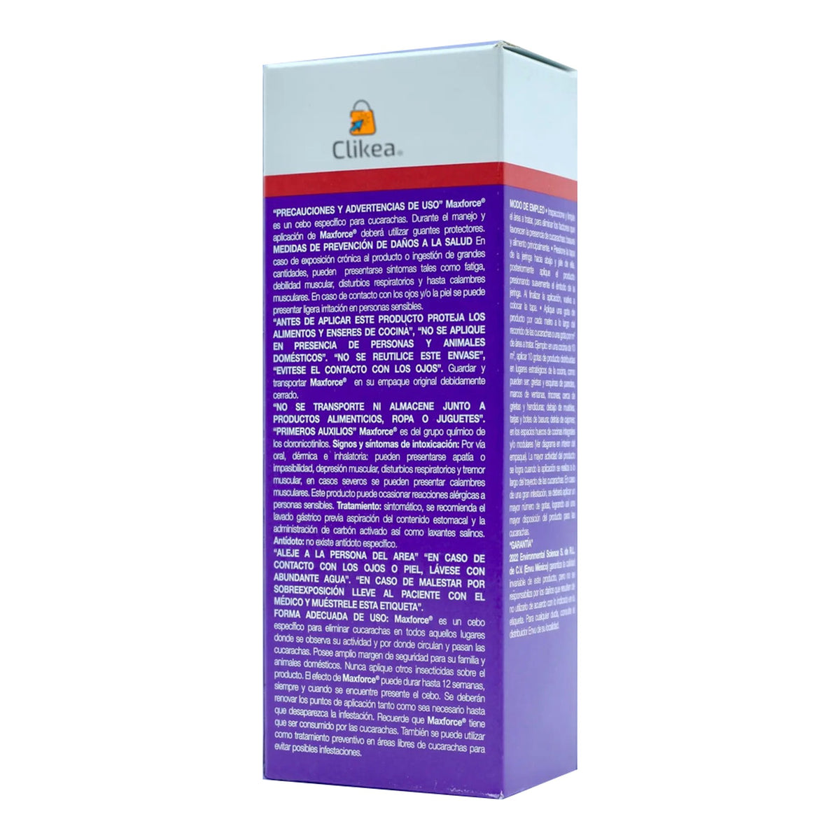 Maxforce Gel Envu 30 g, detalle de las advertencias de una unidad sobre fondo blanco