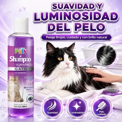 Shampoo Para Gato Essentials Fancy Pets 250 Ml, Limpieza Profunda Para Todo Tipo De Pelo, Suaviza, Hidrata, Ayuda Al Cepillado Y Deja Aroma A Mora Azul