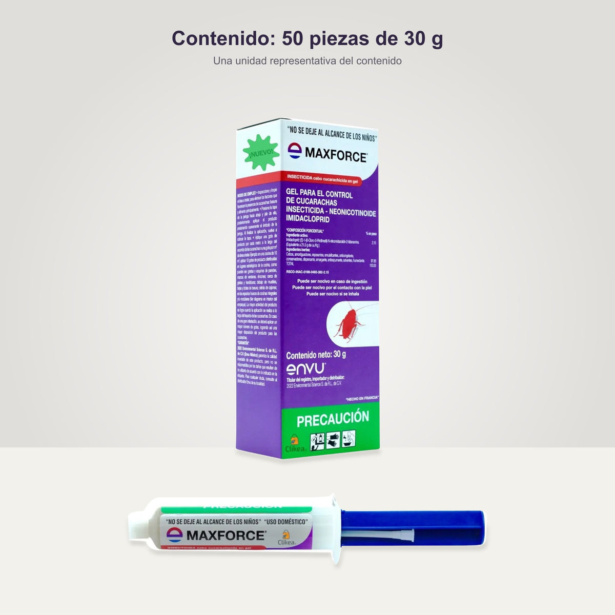 Maxforce Gel Envu 30 g — unidad completa en contexto neutro, caja con 50 piezas