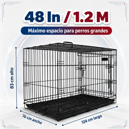 Jaula Metalica Plegable Para Mascota 48 In 2 Puertas Para Perros De 42 A 50 Kg Base Metálica Removible Bandeja Plástica Extraíble Y Agarradera Negro