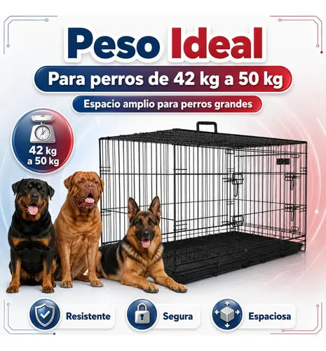 Jaula Metalica Plegable Para Mascota 48 In 2 Puertas Para Perros De 42 A 50 Kg Base Metálica Removible Bandeja Plástica Extraíble Y Agarradera Negro