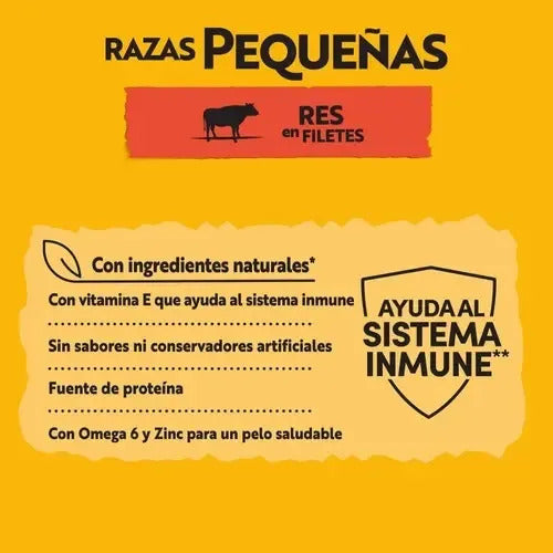 Pedigree - Sobres Para Perro, Raza Pequeña, Sabor Res En Filetes, Con Ingredientes Naturales, Proteínas Y Fibra, 24 Sobres, 100g C/u