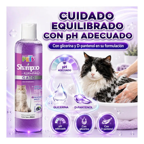 Shampoo Para Gato Essentials Fancy Pets 250 Ml, Limpieza Profunda Para Todo Tipo De Pelo, Suaviza, Hidrata, Ayuda Al Cepillado Y Deja Aroma A Mora Azul