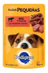 Pedigree - Sobres Para Perro, Raza Pequeña, Sabor Res En Filetes, Con Ingredientes Naturales, Proteínas Y Fibra, 24 Sobres, 100g C/u