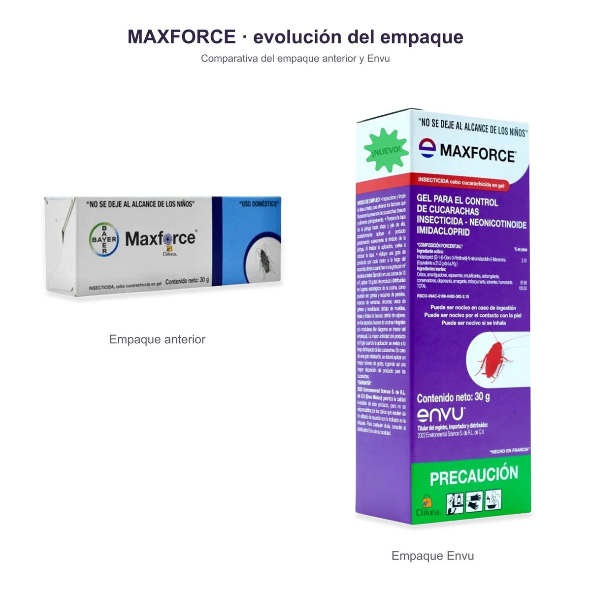 Maxforce Gel 30 g — comparativa de empaques Bayer anterior y Envu, sin modificar los impresos