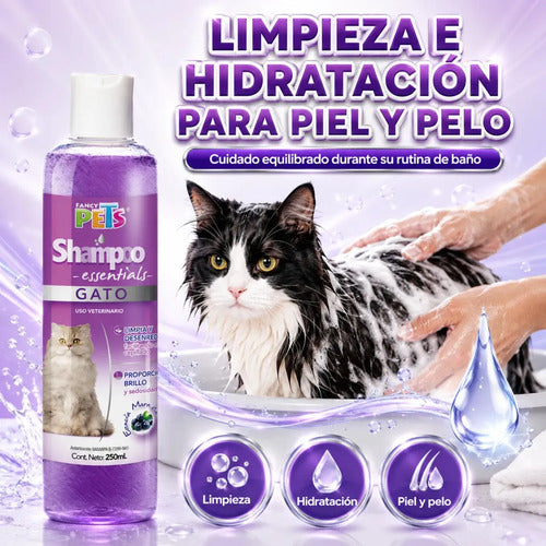 Shampoo Para Gato Essentials Fancy Pets 250 Ml, Limpieza Profunda Para Todo Tipo De Pelo, Suaviza, Hidrata, Ayuda Al Cepillado Y Deja Aroma A Mora Azul