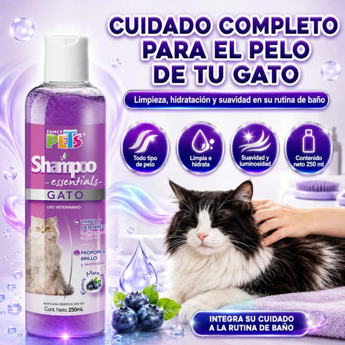 Shampoo Para Gato Essentials Fancy Pets 250 Ml, Limpieza Profunda Para Todo Tipo De Pelo, Suaviza, Hidrata, Ayuda Al Cepillado Y Deja Aroma A Mora Azul