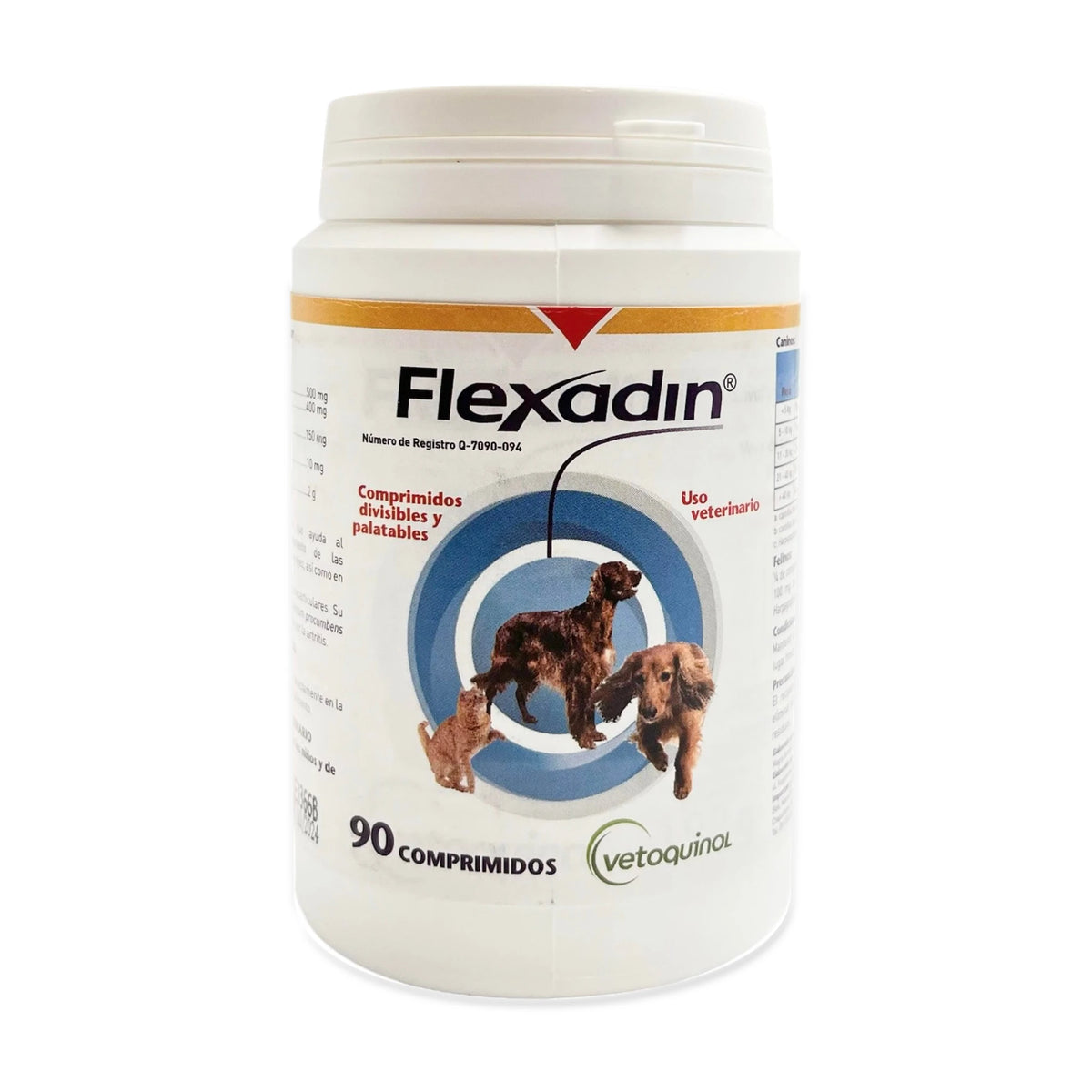 Flexadin Vetoquinol 90 Tabletas para Perros y Gatos — frasco completo sobre fondo blanco