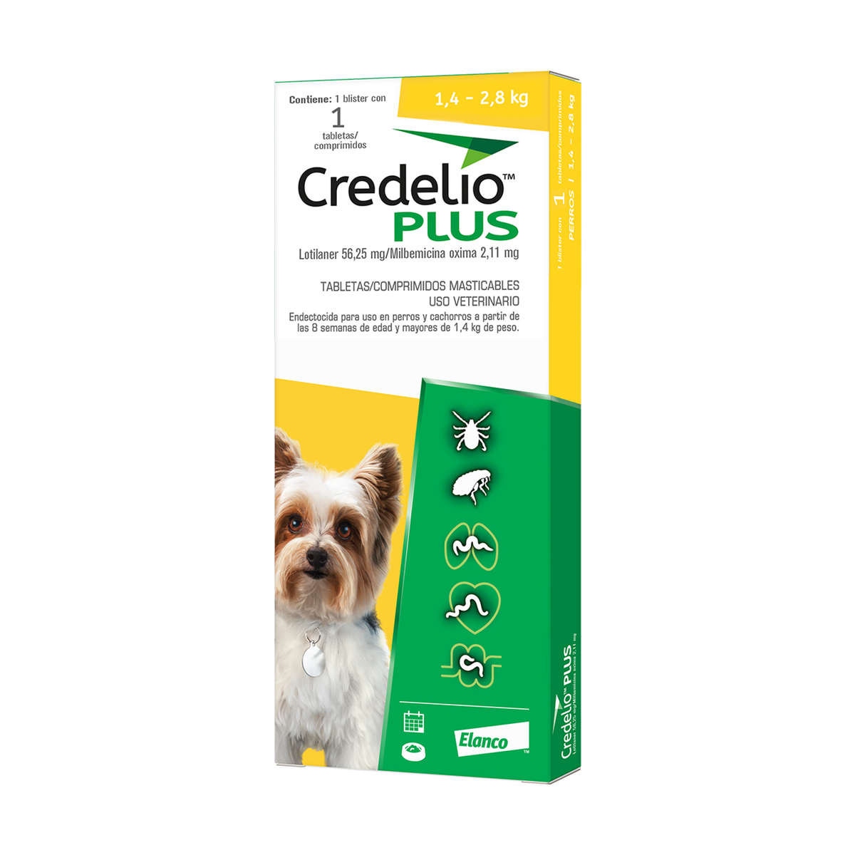 Credelio Plus 1.4-2.8 KG — caja completa de una tableta sobre fondo blanco, presentación original