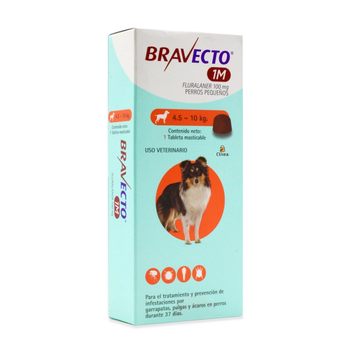 Bravecto 1 Mes Perro 4.5 a 10 kg - 1 tableta — caja completa sobre fondo blanco, impresión original