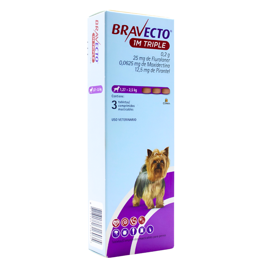 Bravecto 1 M Triple 3 Tabletas 1.27-2.5 Kg