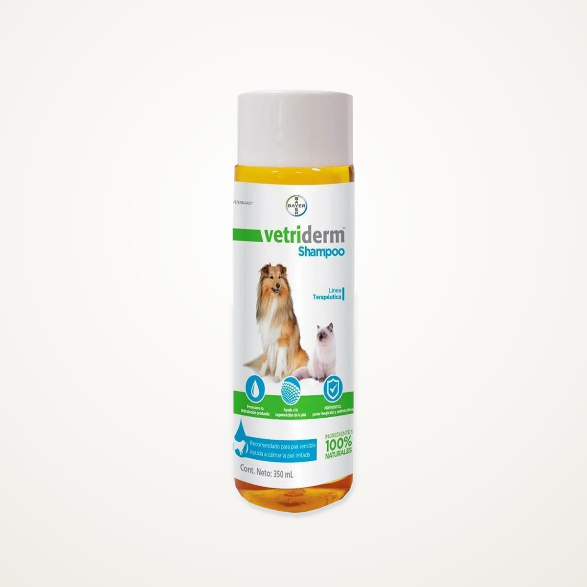 Elanco Vetriderm Shampoo Perro y Gato 350 ml — producto completo en ambiente de estudio