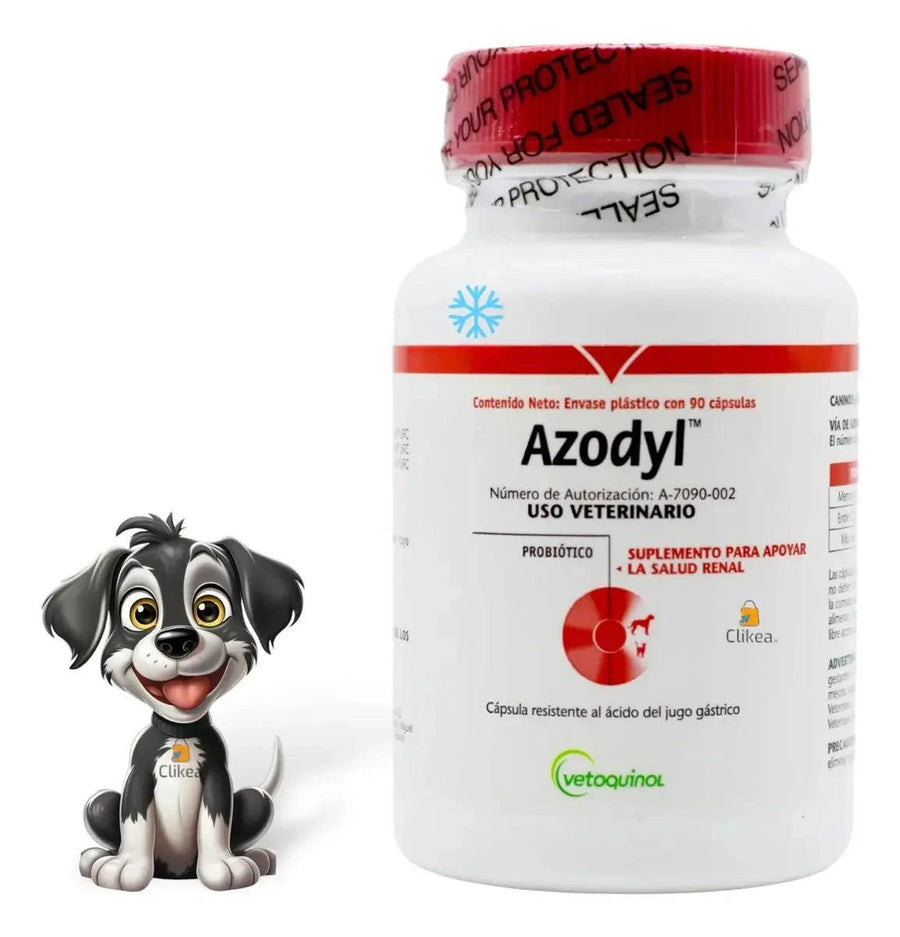Azodyl Vetoquinol 90 cápsulas con mascota de Clikea
