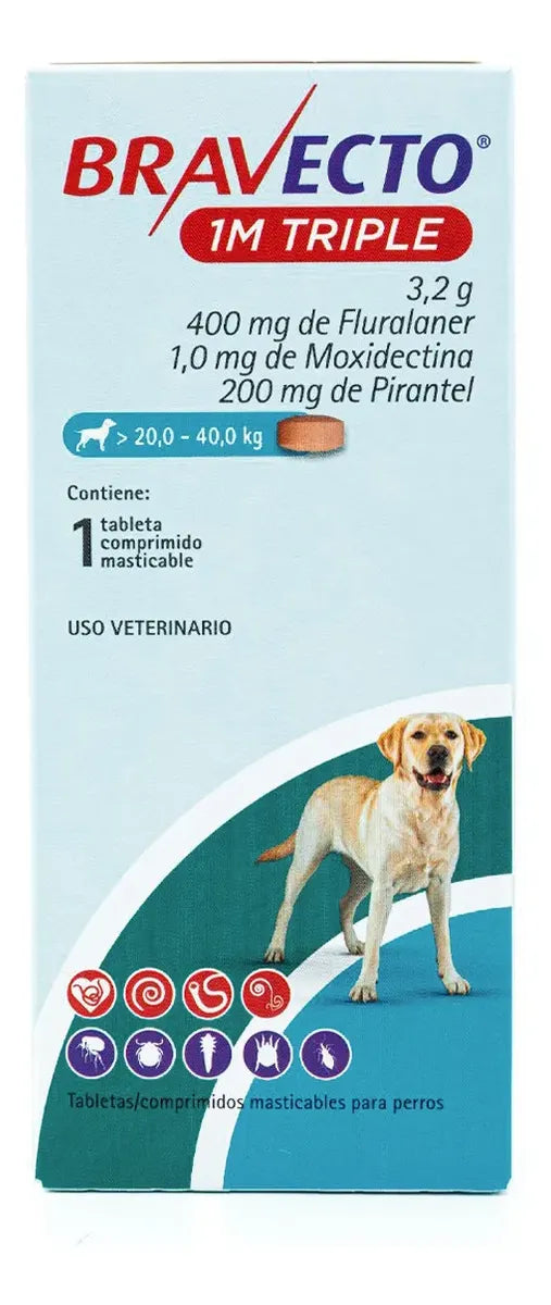 Bravecto 1M Triple para perros de 20 a 40 kg, caja con 1 tableta de 400 mg — foto 1