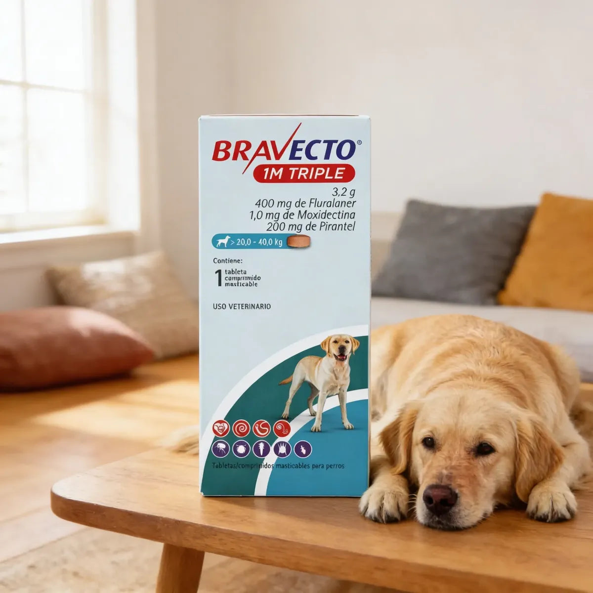 Bravecto 1M Triple para perros de 20 a 40 kg, caja con 1 tableta de 400 mg — foto 2