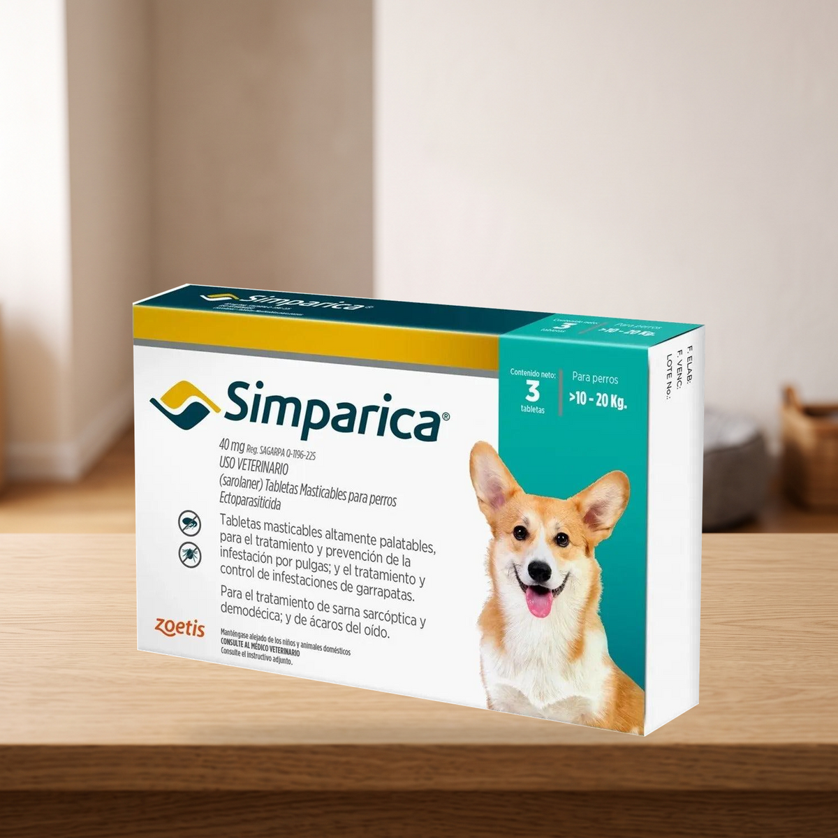 Simparica Perro 10 a 20 kg - 3 tabletas — presentación en ambiente doméstico