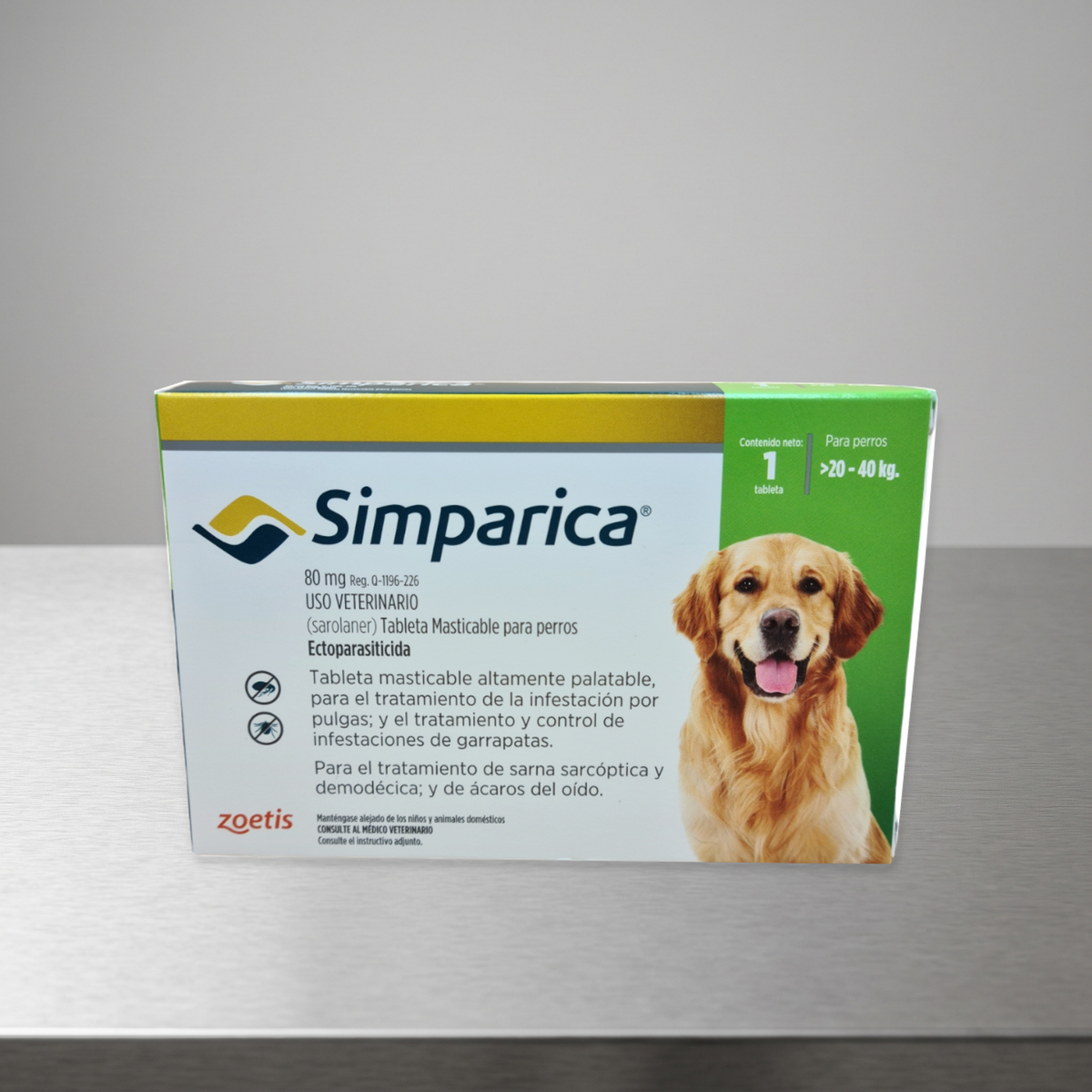 Simparica Perro 20 a 40 kg - 1 tableta — empaque individual de 80 mg completo en estudio neutro