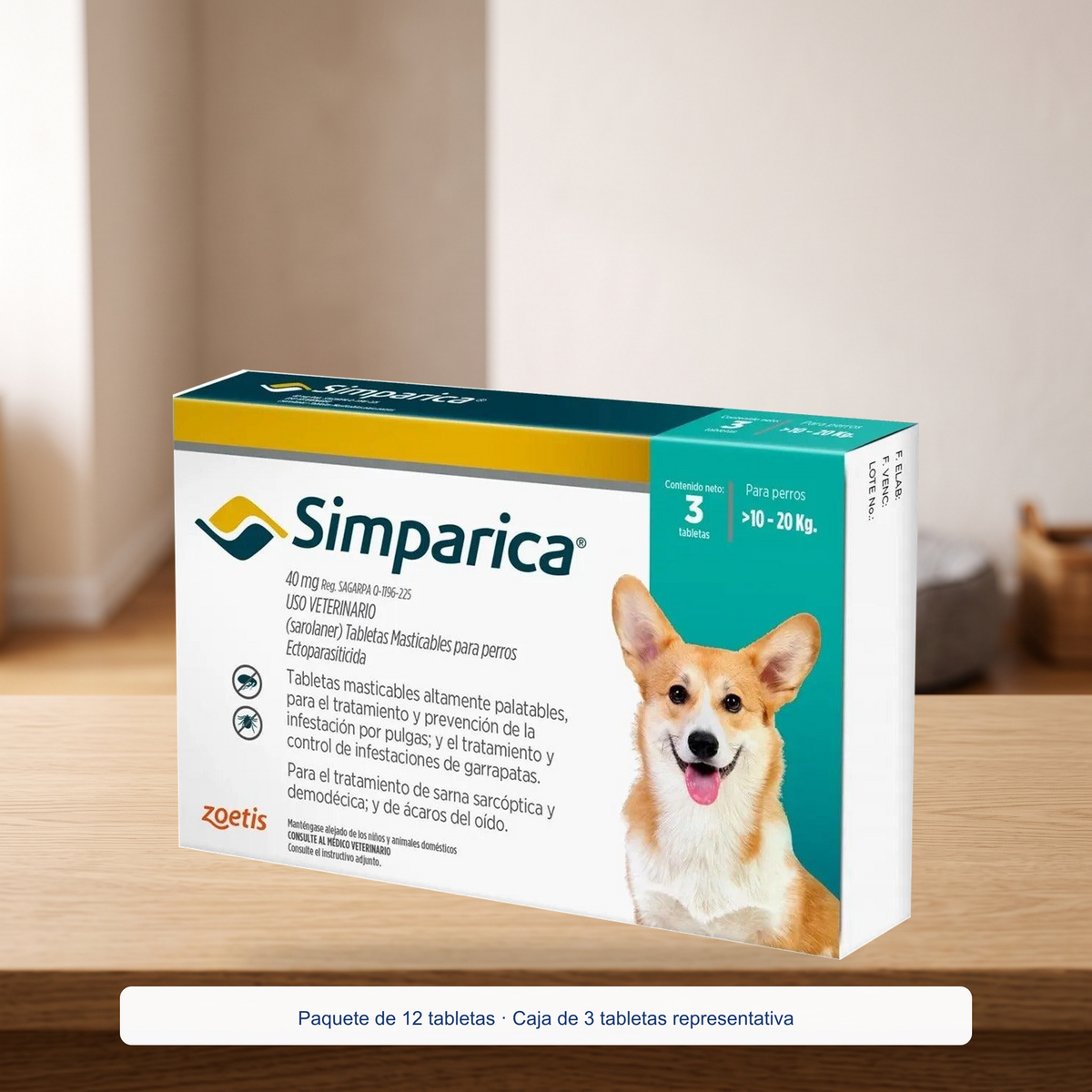 Simparica Perro 10 a 20 kg 40 mg - paquete 12 tabletas — presentación en ambiente doméstico, Paquete de 12 tabletas · Caja de 3 tabletas representativa