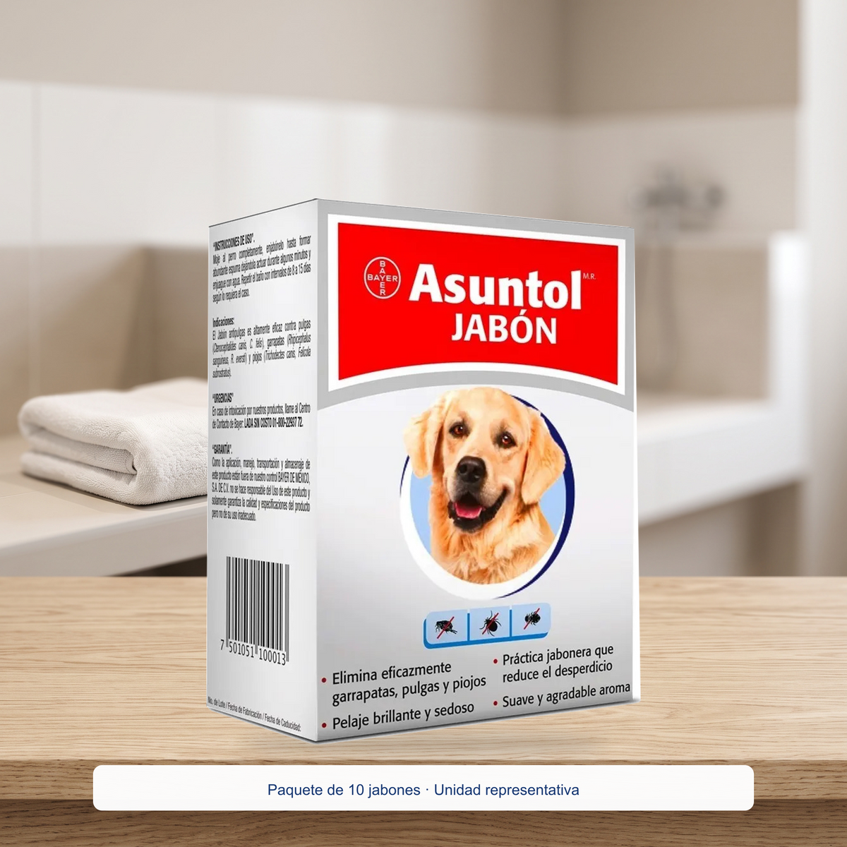 Asuntol Jabon Antipulgas 100 g - paquete 10 piezas — presentación en ambiente de cuidado e higiene, Paquete de 10 jabones · Unidad representativa