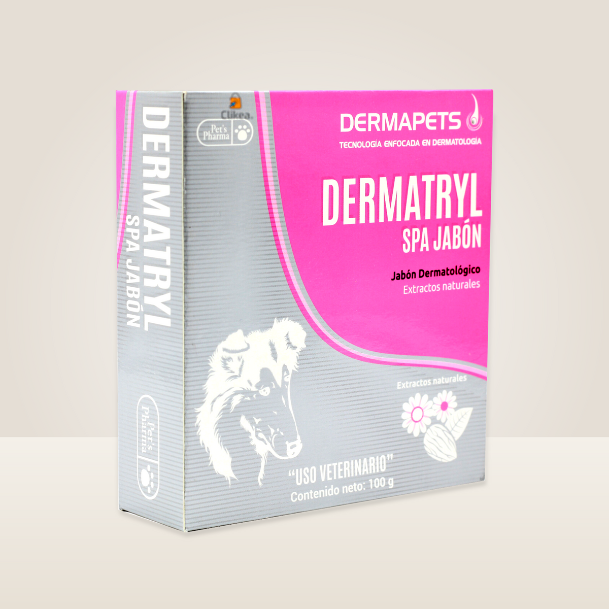 Dermatryl Spa Dermapets Jabon 100 g Extractos Naturales — caja completa en contexto neutro de estudio