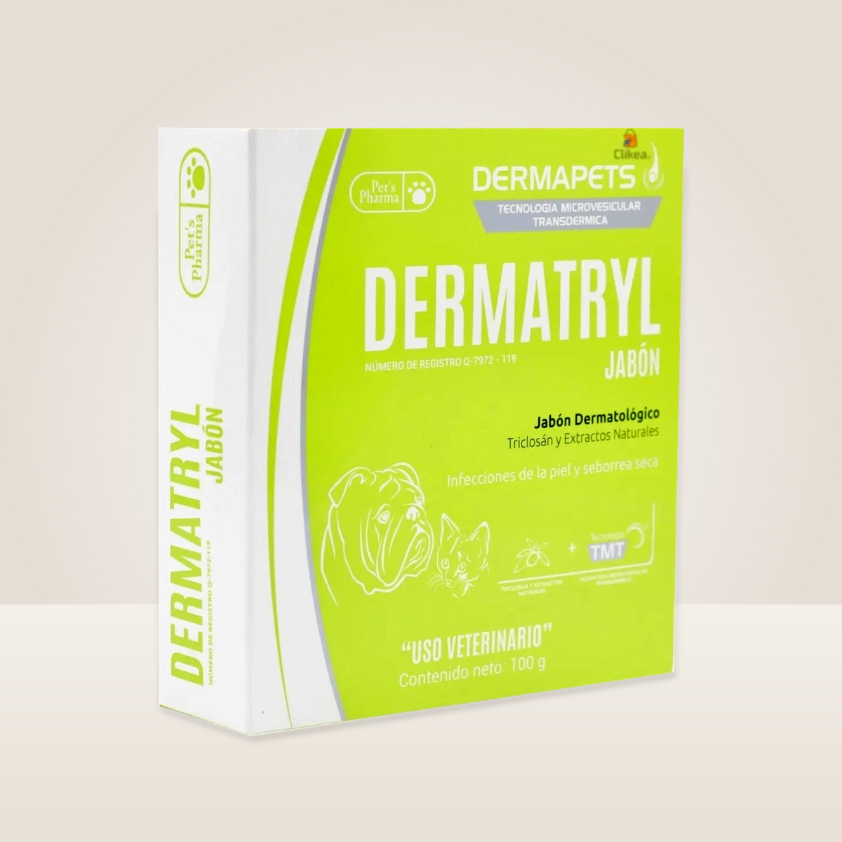Dermatryl Dermapets Jabon Dermatologico 100 g — caja completa en contexto neutro de estudio