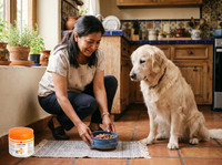 Ipakitine Vetoquinol 300 g — frasco original completo en escena de cuidado junto a perro