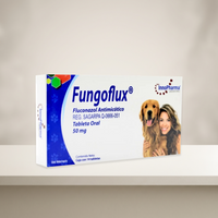Inno Pharma Fungoflux Fluconazol 50 mg 14 Tabletas Perro y Gato — presentación completa en ambiente neutro