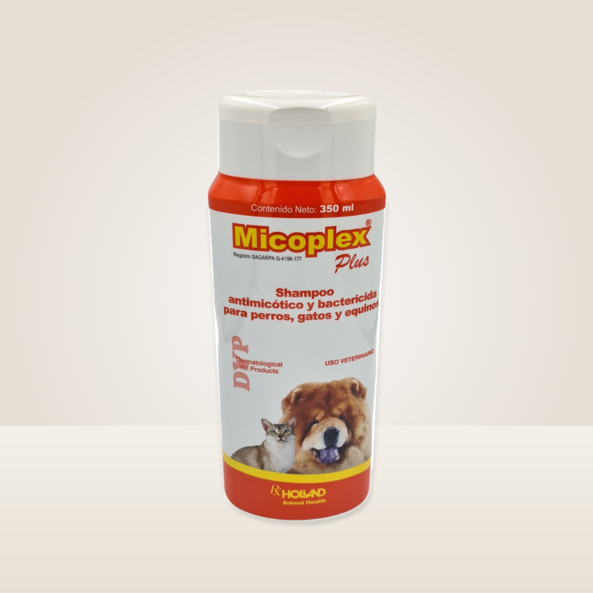 Holland Micoplex Plus Shampoo para Perros, Gatos y Equinos — frasco completo en contexto de cuidado y estudio