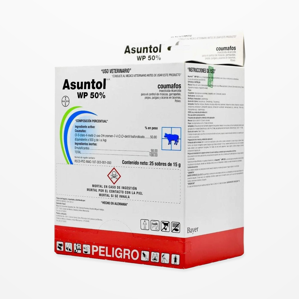 Asuntol WP 50% Control de Garrapatas Bovinos 25 Sobres — caja completa de 25 sobres de 15 g en contexto de estudio continuo, impresión auténtica