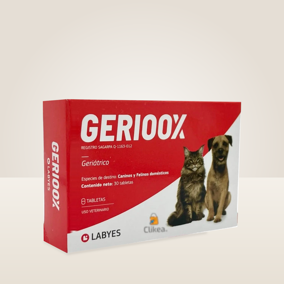 Labyes Gerioox Suplemento Geriatrico 30 Tabletas Perro y Gato — presentación completa en contexto fotográfico
