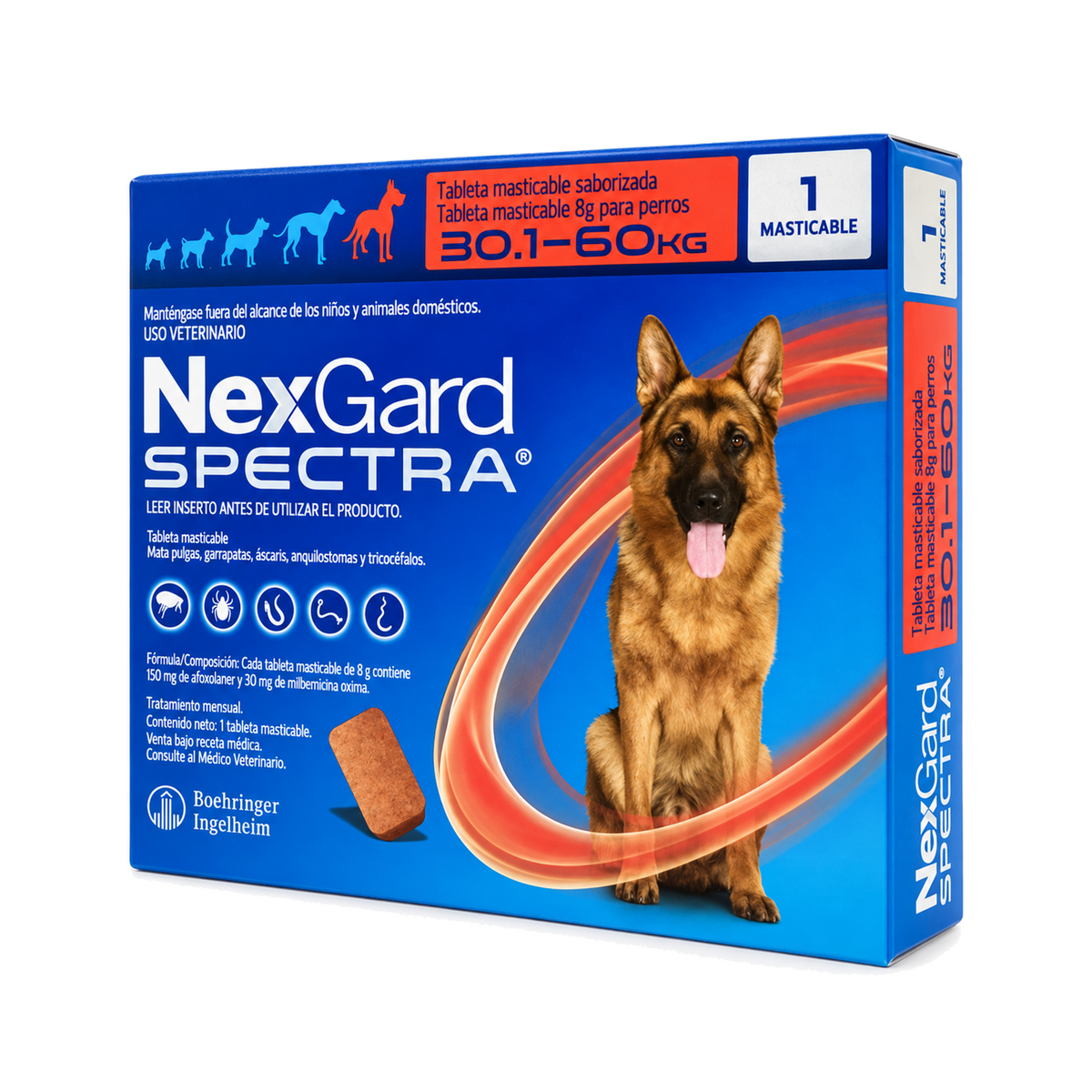 NexGard Spectra 10 Tabletas para Perros 30.1-60 Kg — una unidad representativa de la misma talla; el paquete completo contiene diez tabletas