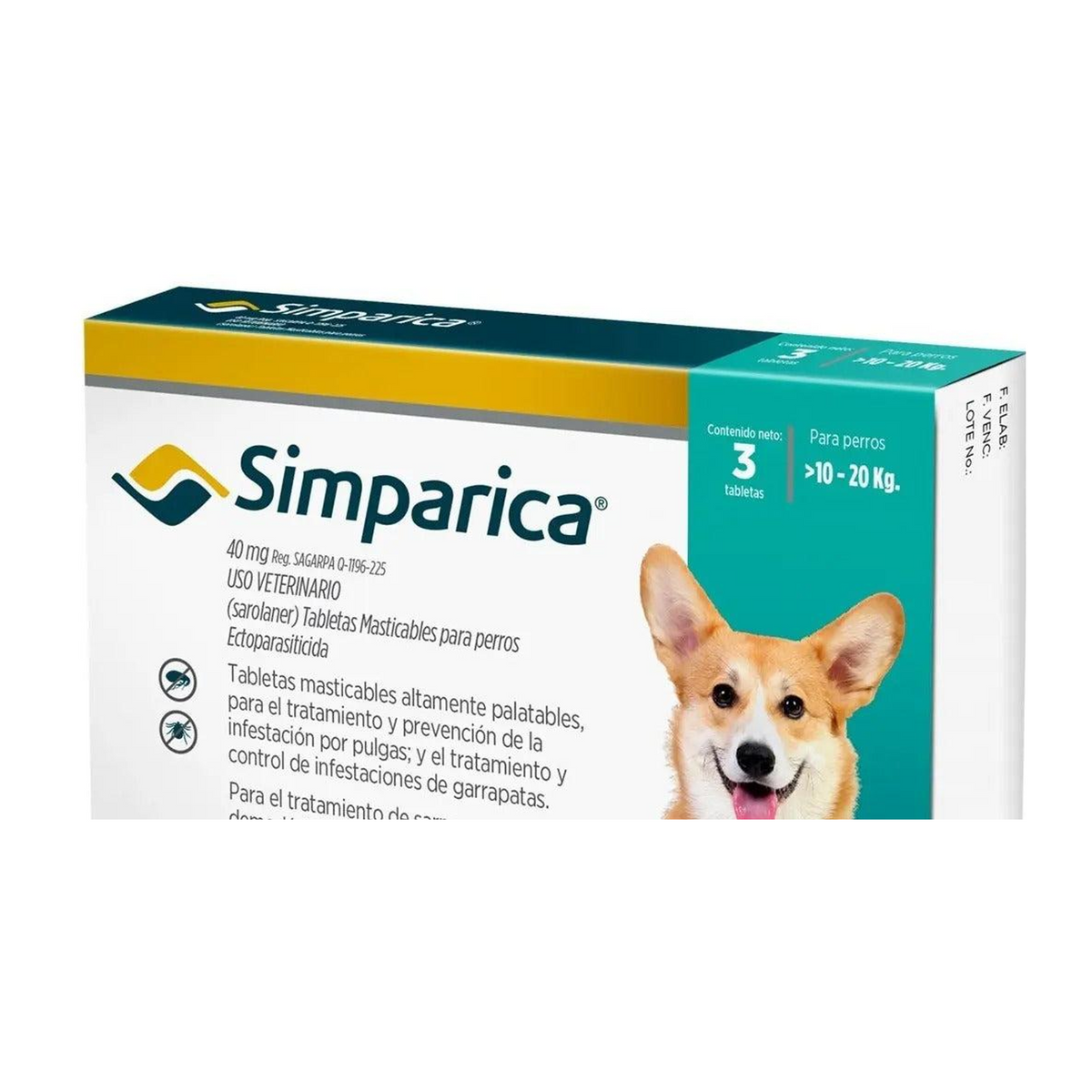 Simparica Perro 10 a 20 kg - 3 tabletas — detalle del empaque original; la cantidad total del paquete está indicada en la ficha