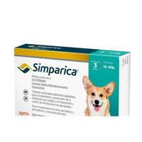 Simparica Perro 10 a 20 kg 40 mg - paquete 12 tabletas — detalle auténtico de una caja de tres tabletas representativa del paquete de doce