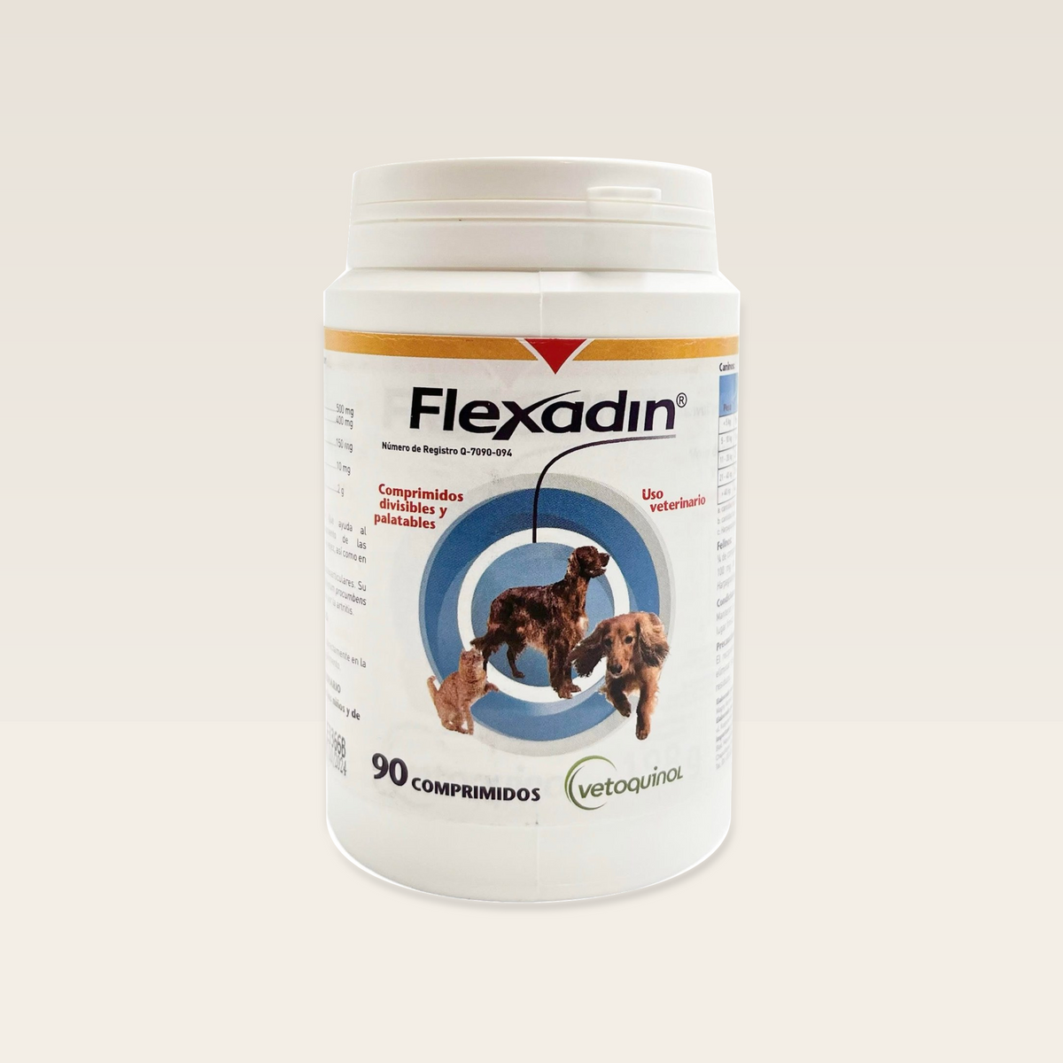 Flexadin Vetoquinol 90 Tabletas para Perros y Gatos — frasco completo en contexto de estudio