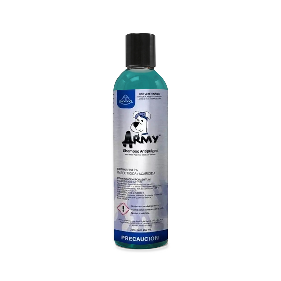 Army Shampoo Antipulgas 250 ml, botella completa con etiqueta auténtica