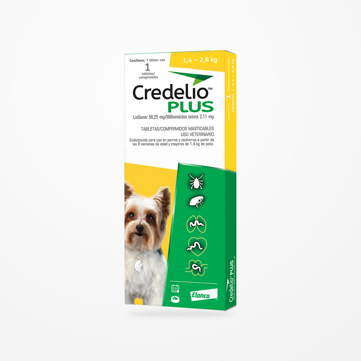 Credelio Plus 1.4-2.8 KG — caja completa de una tableta en contexto continuo de estudio, etiqueta original